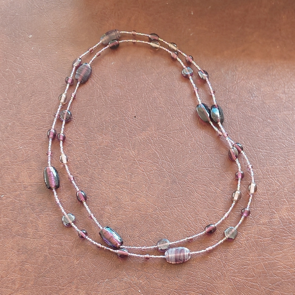 Long Multi-Strand Purple/Iridescent Glass Bead Necklace - Opera/Rope Length